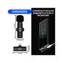 Microfone de Lapela Sem Fio K9 Duplo — USB-C e iPhone, Alcance de 50m, Plug and Play para Vlogs, Lives e Reuniões
